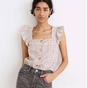 Madewell Gingham Seersucker Ruffle Sleeve Button Up Tank Top